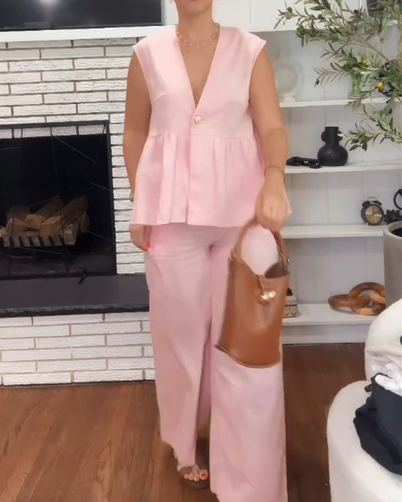 Ladies' V-neck Patchwork Top+ Pants Casual Suit