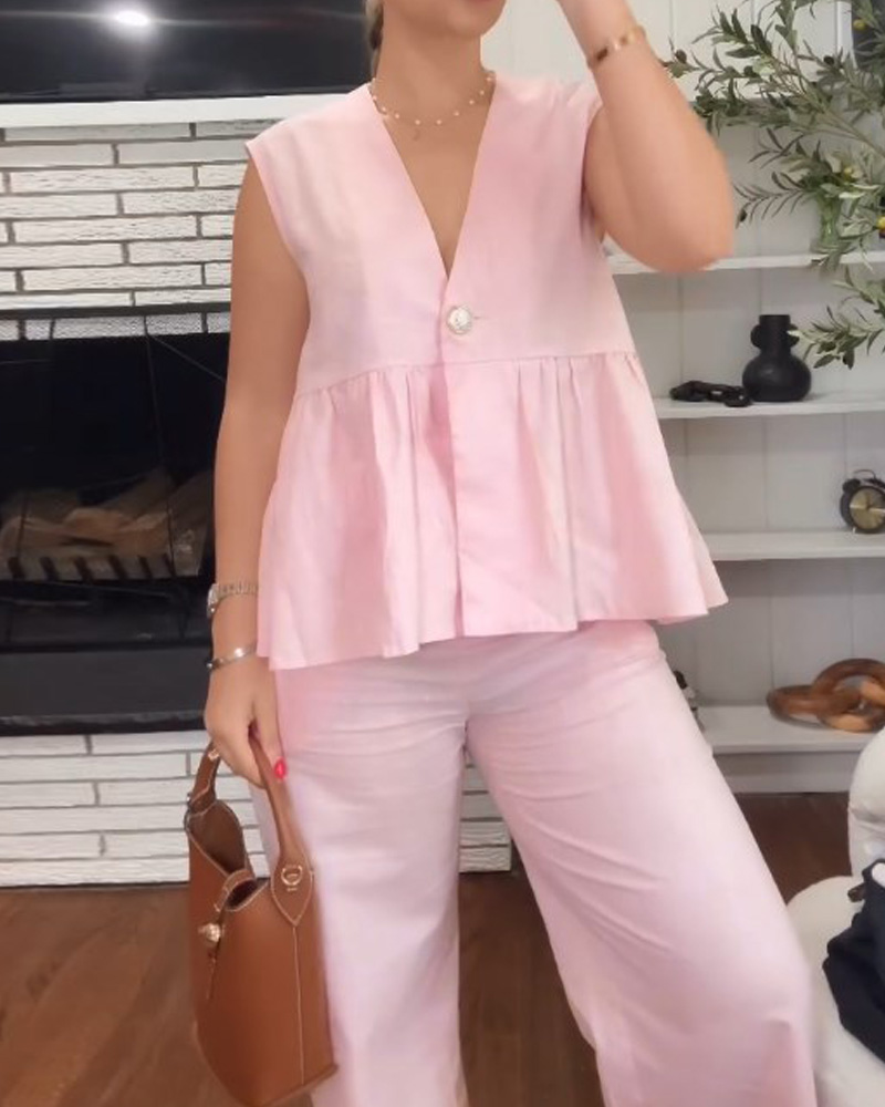 Ladies' V-neck Patchwork Top+ Pants Casual Suit