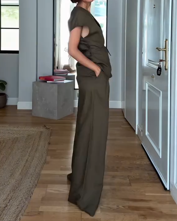 Ladies' V-neck Waist Cinched Top+ Pants Casual Suit