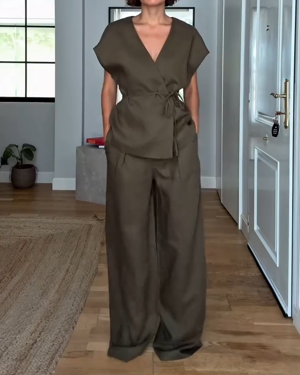 Ladies' V-neck Waist Cinched Top+ Pants Casual Suit