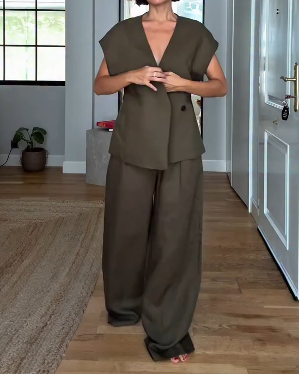 Ladies' V-neck Waist Cinched Top+ Pants Casual Suit