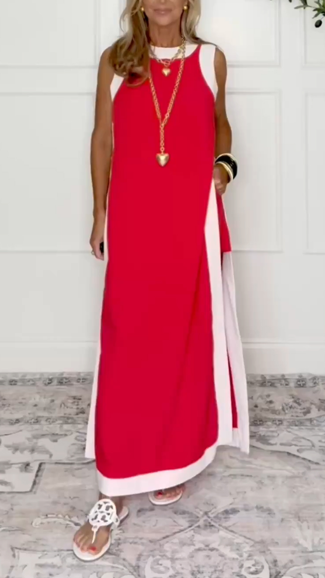 Ladies' Round Neck Patchwork Slit Long Skirt+ Shorts Casual Set