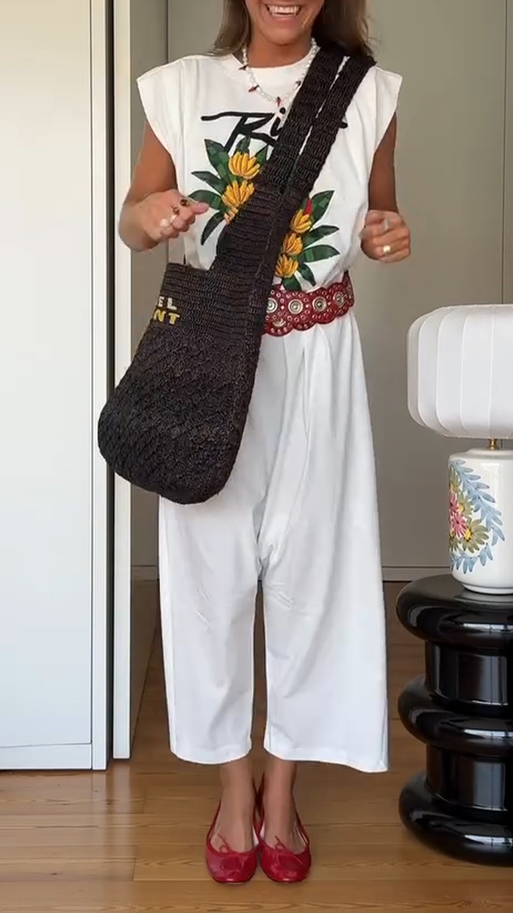 Ladies' Round Neck Printed Casual Loose Jumpsuit