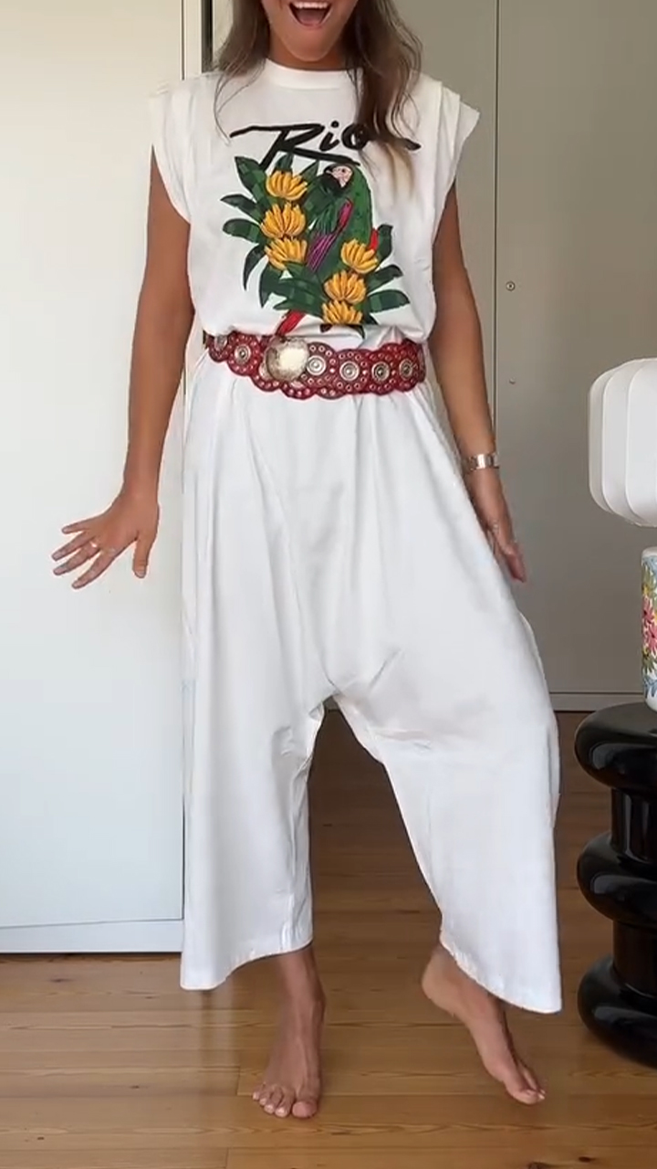 Ladies' Round Neck Printed Casual Loose Jumpsuit