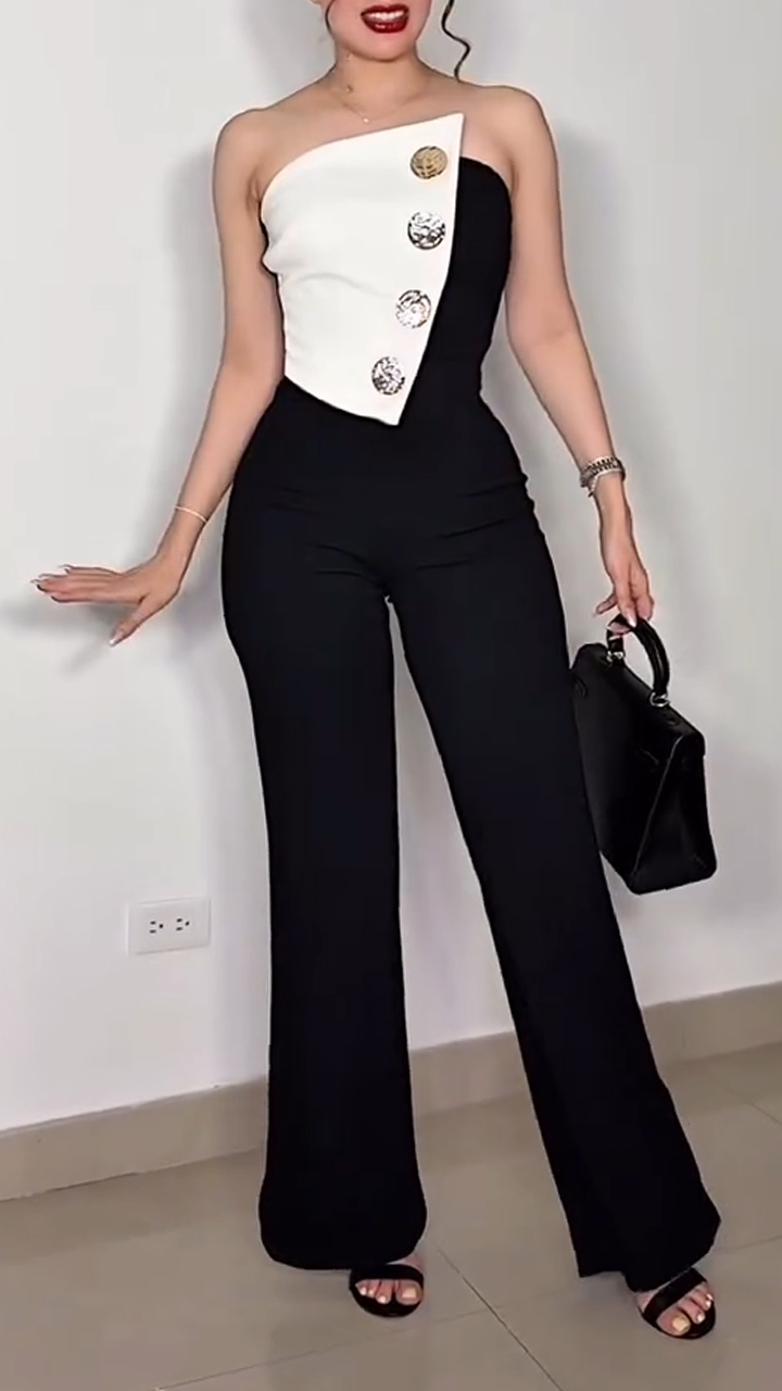 Women's Tube Top Contrast Color Button Slim Fit Jumpsuit