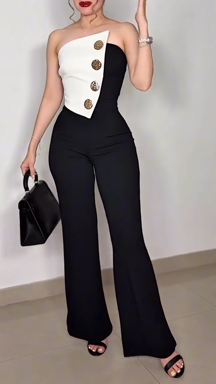 Women's Tube Top Contrast Color Button Slim Fit Jumpsuit