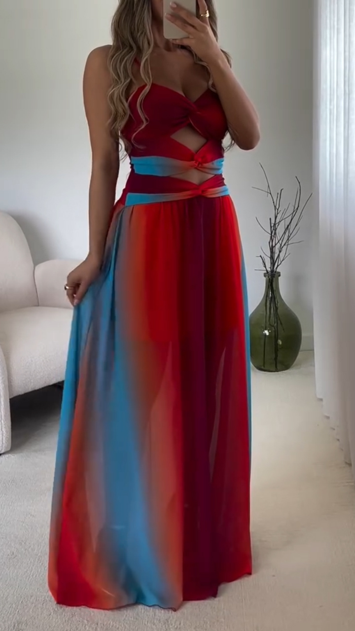 Women's Gradient Chiffon Hollow Pleated Holiday Dress