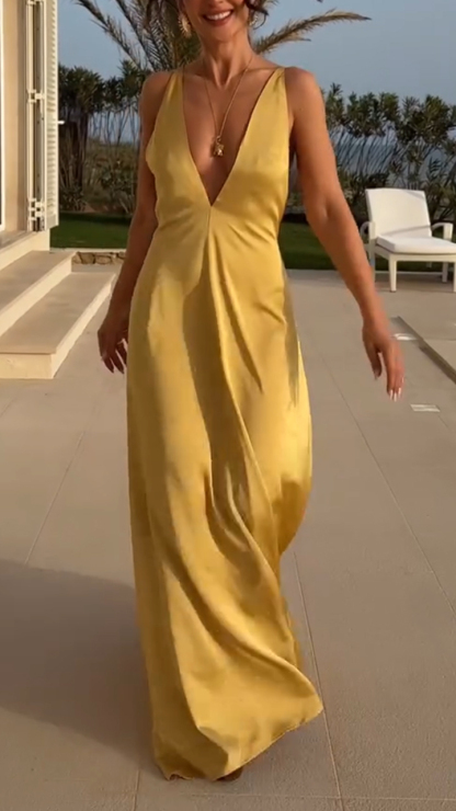 Ladies' V-neck Solid Color Hollow Out Elegant Temperament Dinner Dress