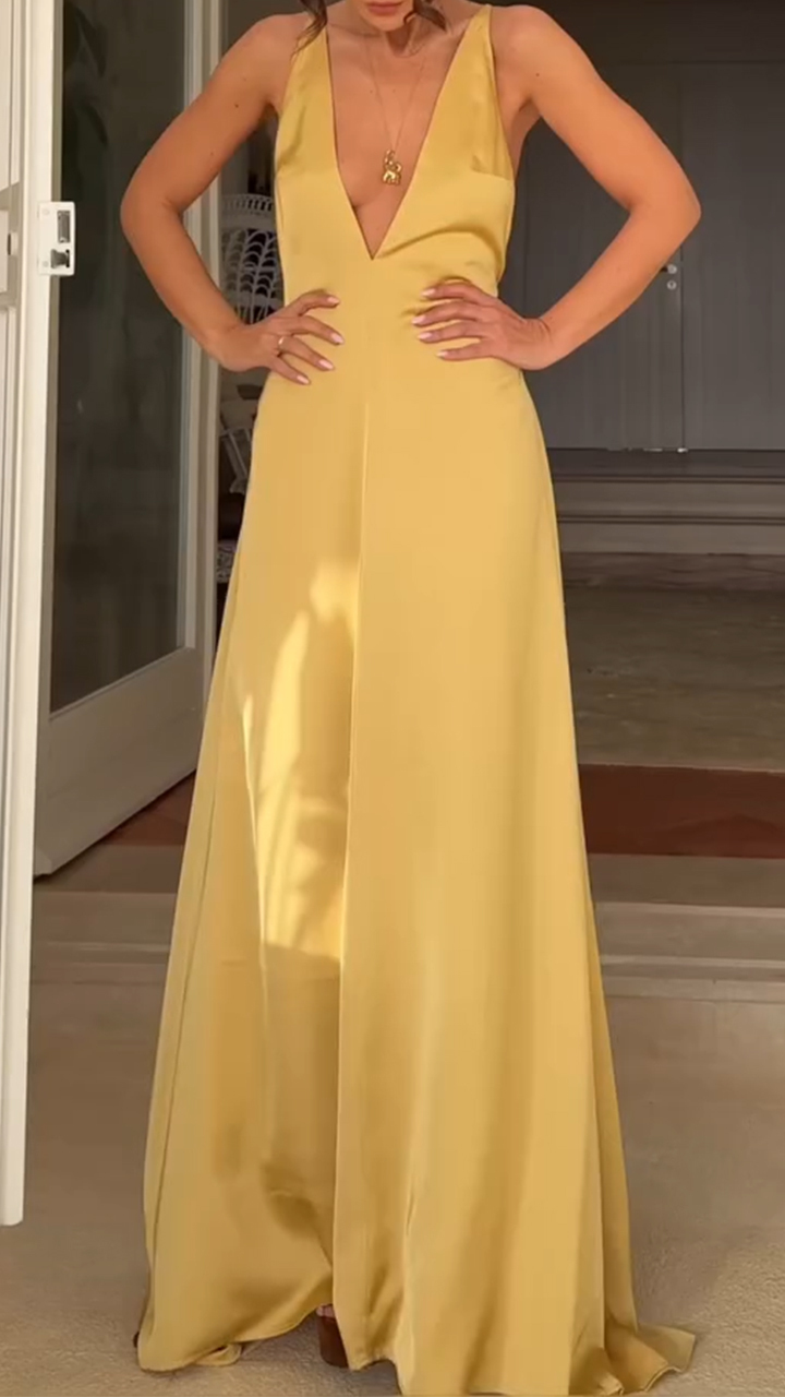 Ladies' V-neck Solid Color Hollow Out Elegant Temperament Dinner Dress