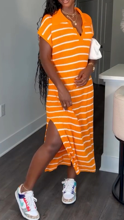 Ladies' Lapel Striped Slit Casual Dress