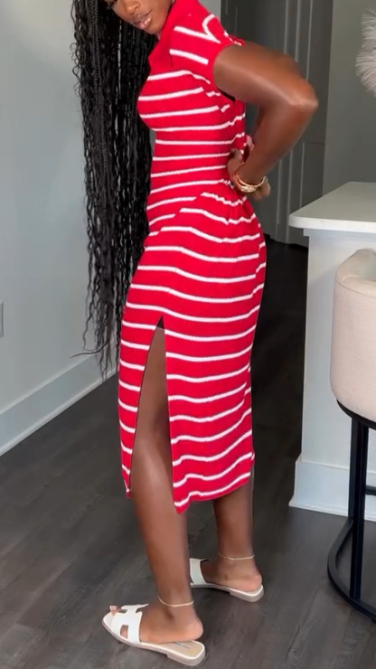 Ladies' Lapel Striped Slit Casual Dress
