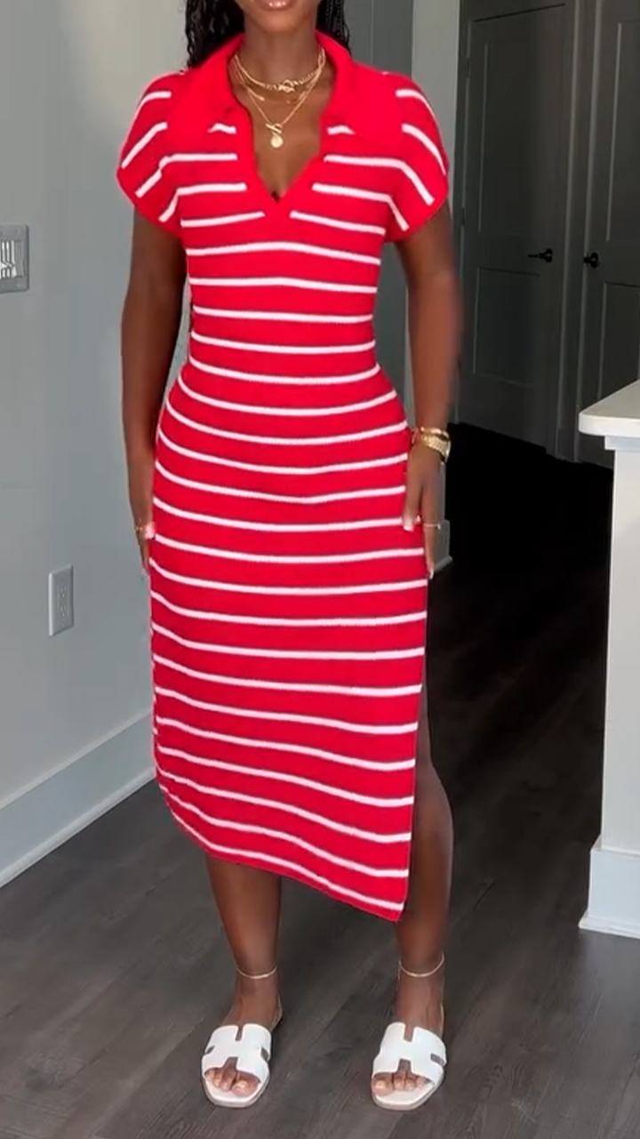Ladies' Lapel Striped Slit Casual Dress