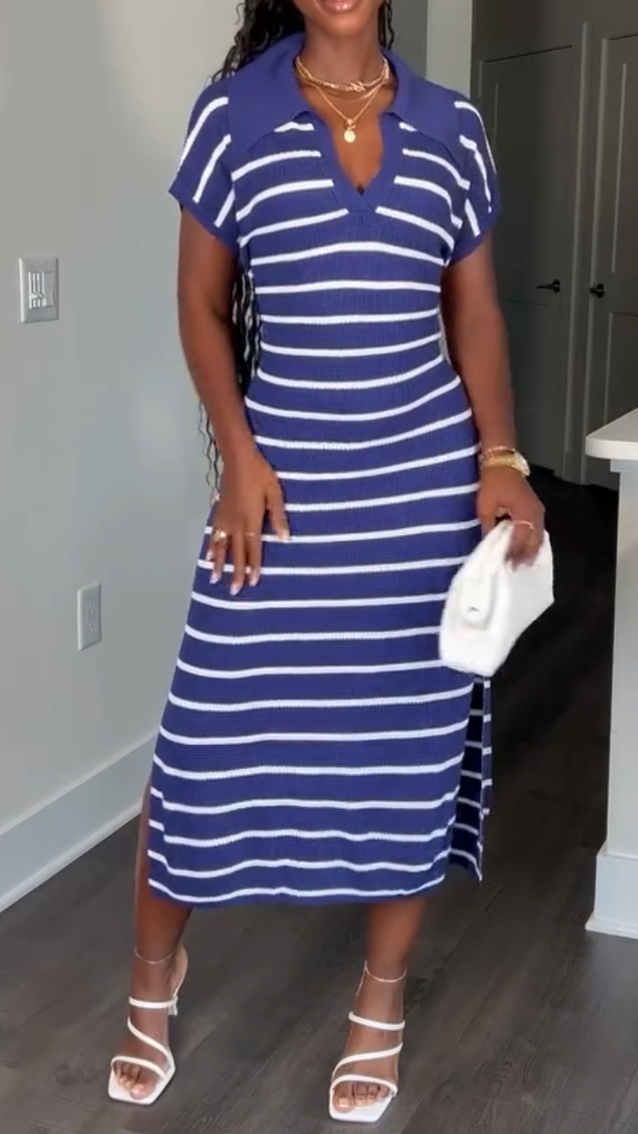 Ladies' Lapel Striped Slit Casual Dress