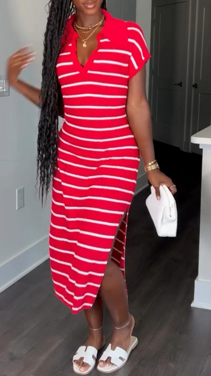 Ladies' Lapel Striped Slit Casual Dress