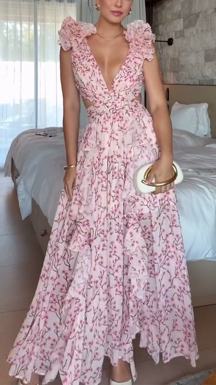 Ladies' V-neck Irregular Printed Hollow Elegant Temperament Dress