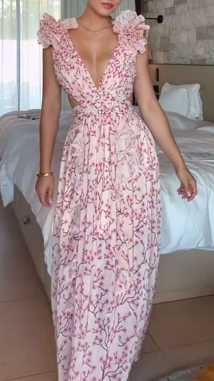 Ladies' V-neck Irregular Printed Hollow Elegant Temperament Dress