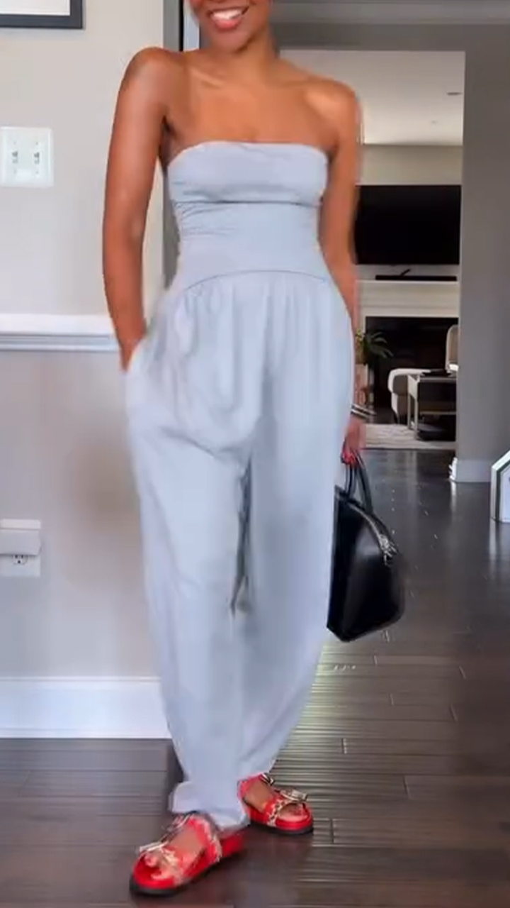 Ladies' Strapless Solid Color Patchwork Casual Jumpsuit