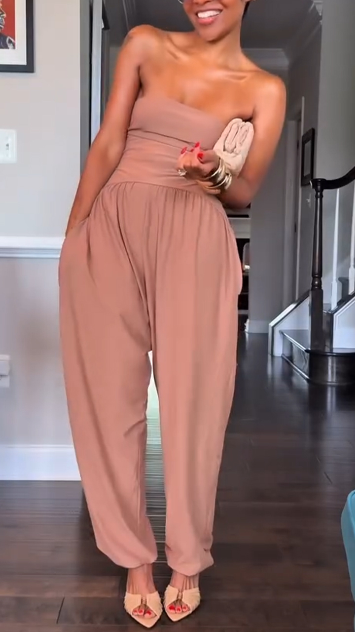 Ladies' Strapless Solid Color Patchwork Casual Jumpsuit