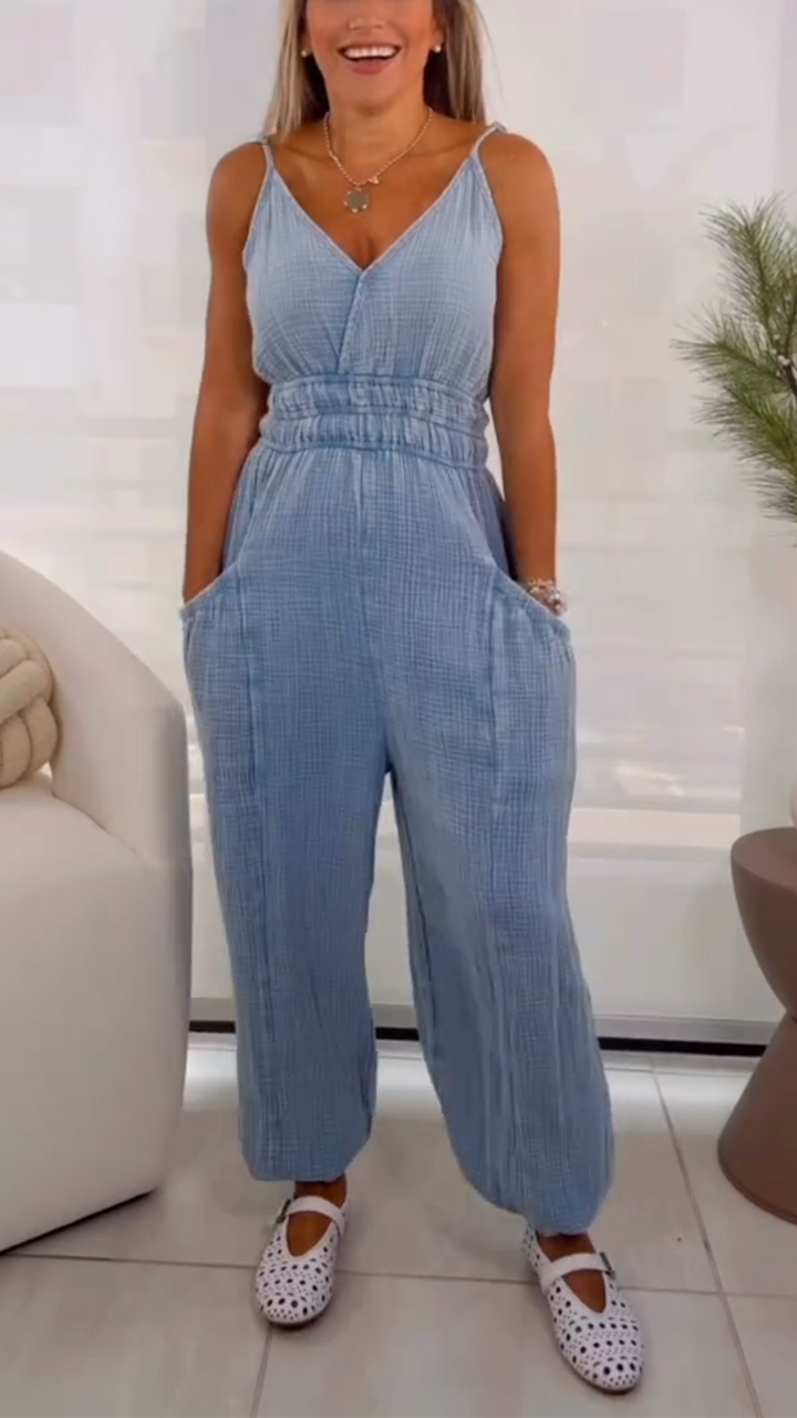 Ladies' Spaghetti Strap Patchwork Casual Jumpsuit