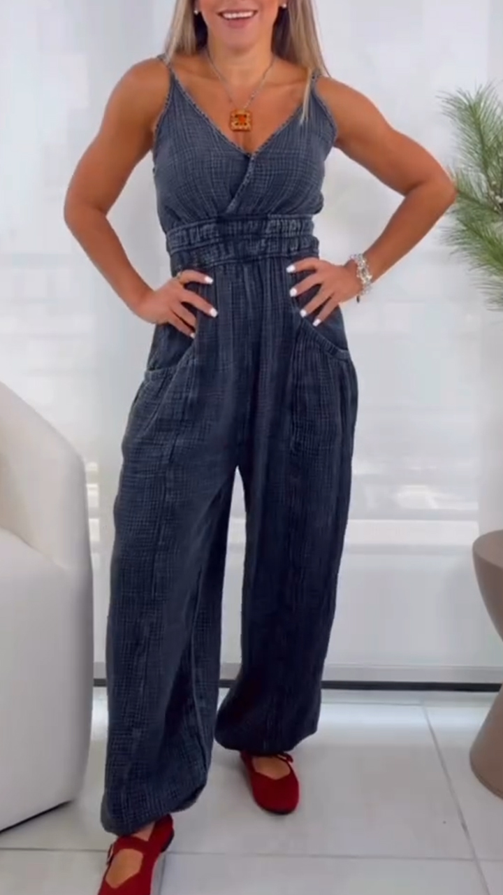 Ladies' Spaghetti Strap Patchwork Casual Jumpsuit