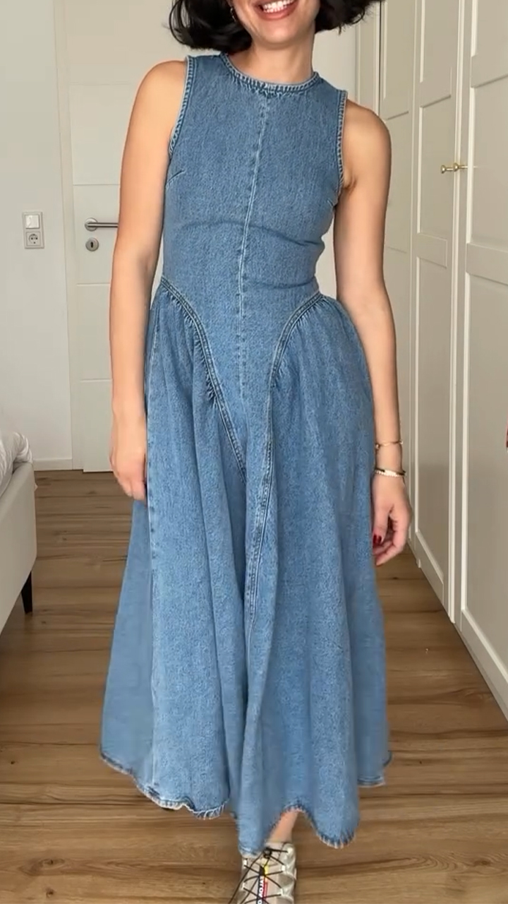 Ladies' Round Neck Splicing Waist Cinching Casual Dress