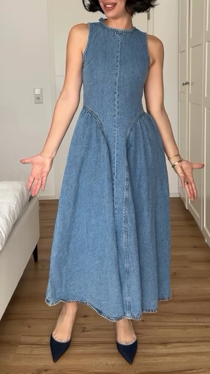 Ladies' Round Neck Splicing Waist Cinching Casual Dress