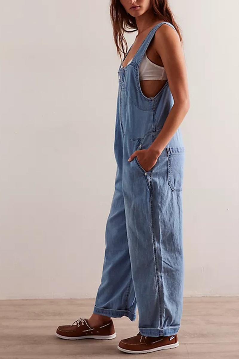 Ladies' Shoulder Strap Hollow Zipper Casual Jumpsuit