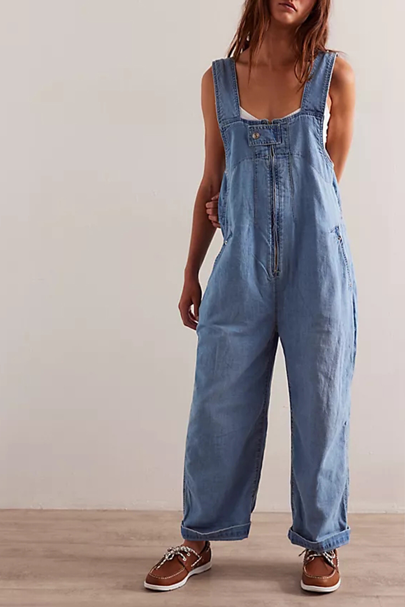 Ladies' Shoulder Strap Hollow Zipper Casual Jumpsuit