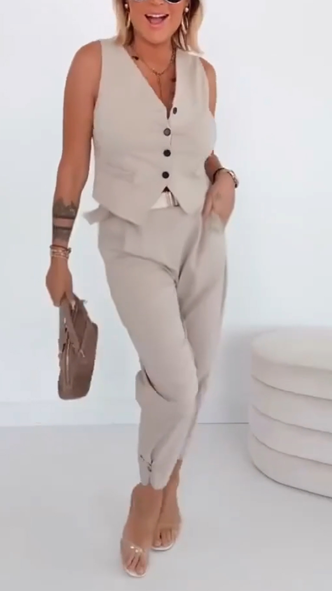 Women's V-neck Breasted Top + Pants Casual Suit