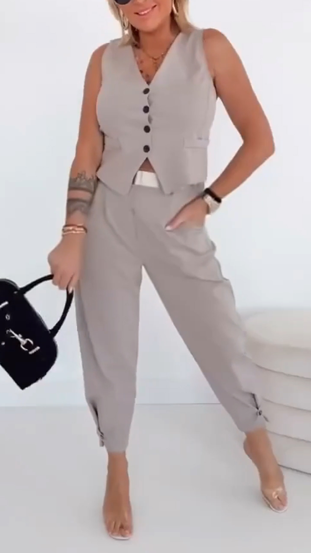 Women's V-neck Breasted Top + Pants Casual Suit