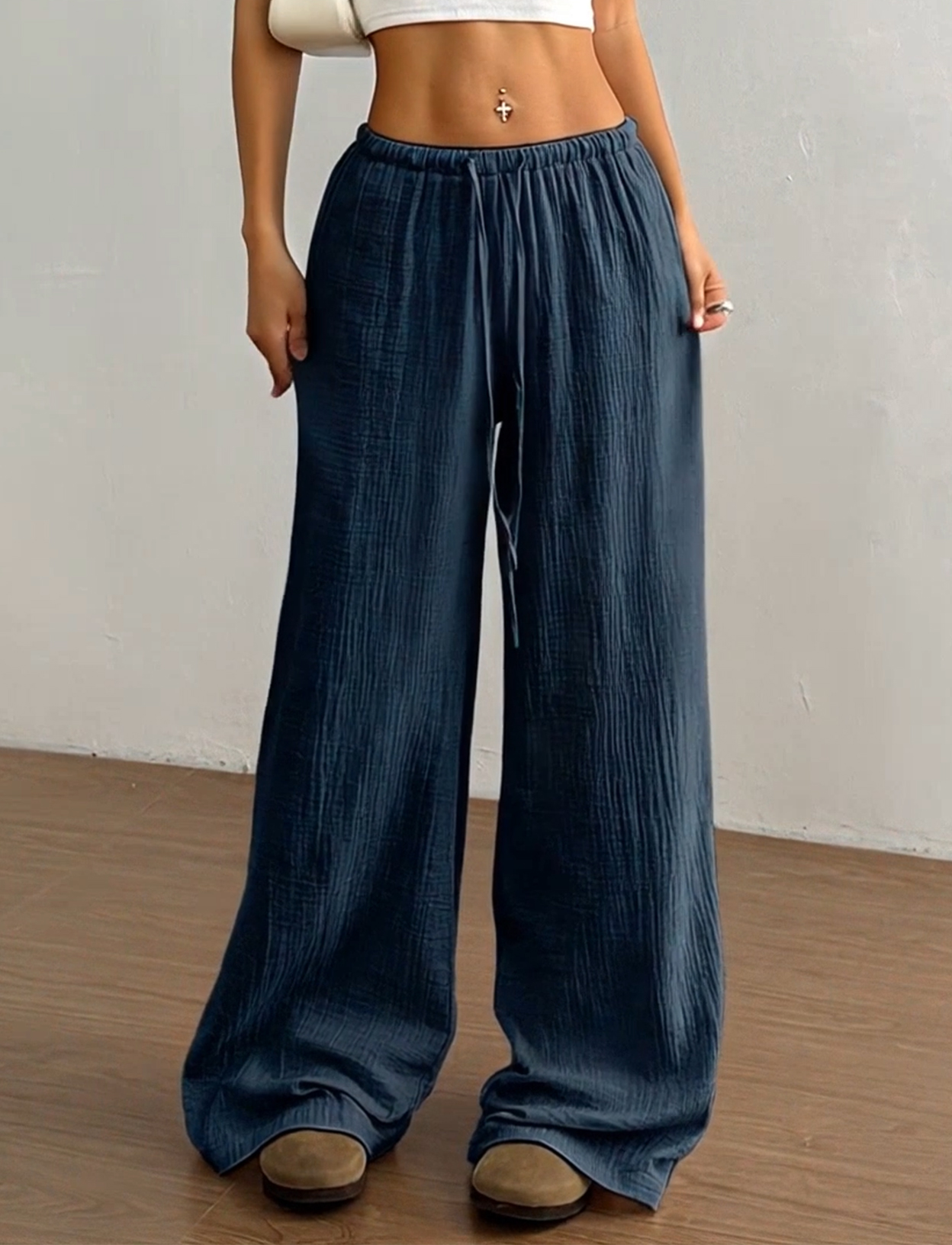 Ladies' Drawstring Solid Color Casual Loose Pants