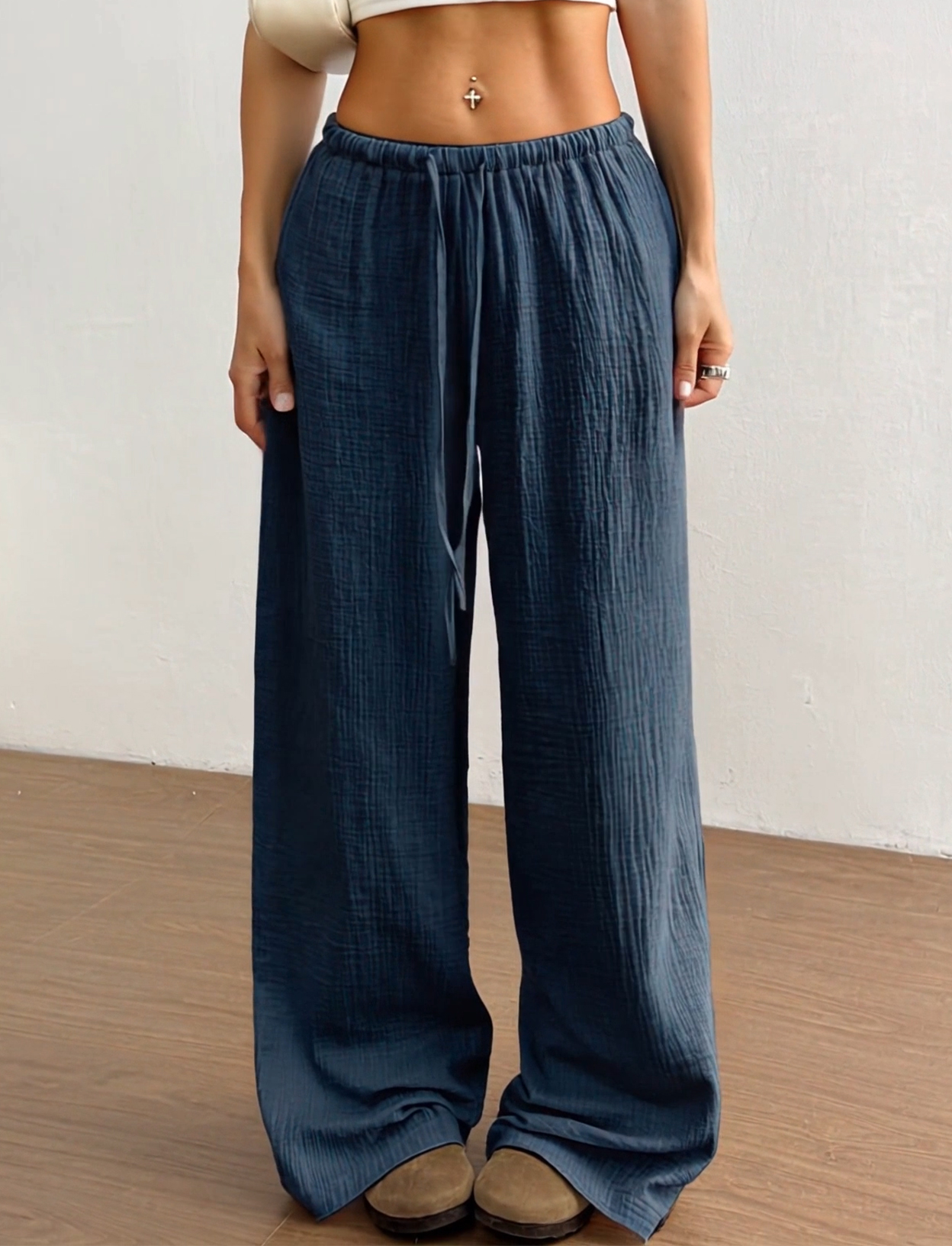 Ladies' Drawstring Solid Color Casual Loose Pants