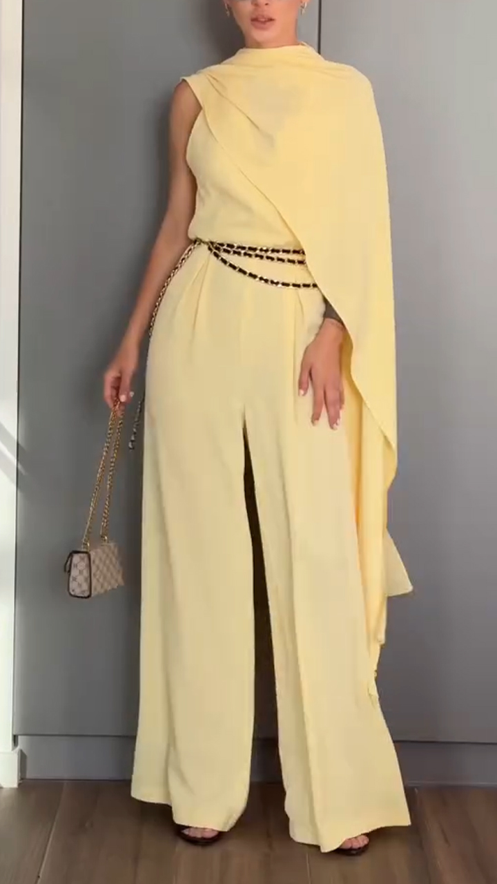 Ladies' Hanging Neck Solid Color Jumpsuit+ Shawl Casual Temperament Suit