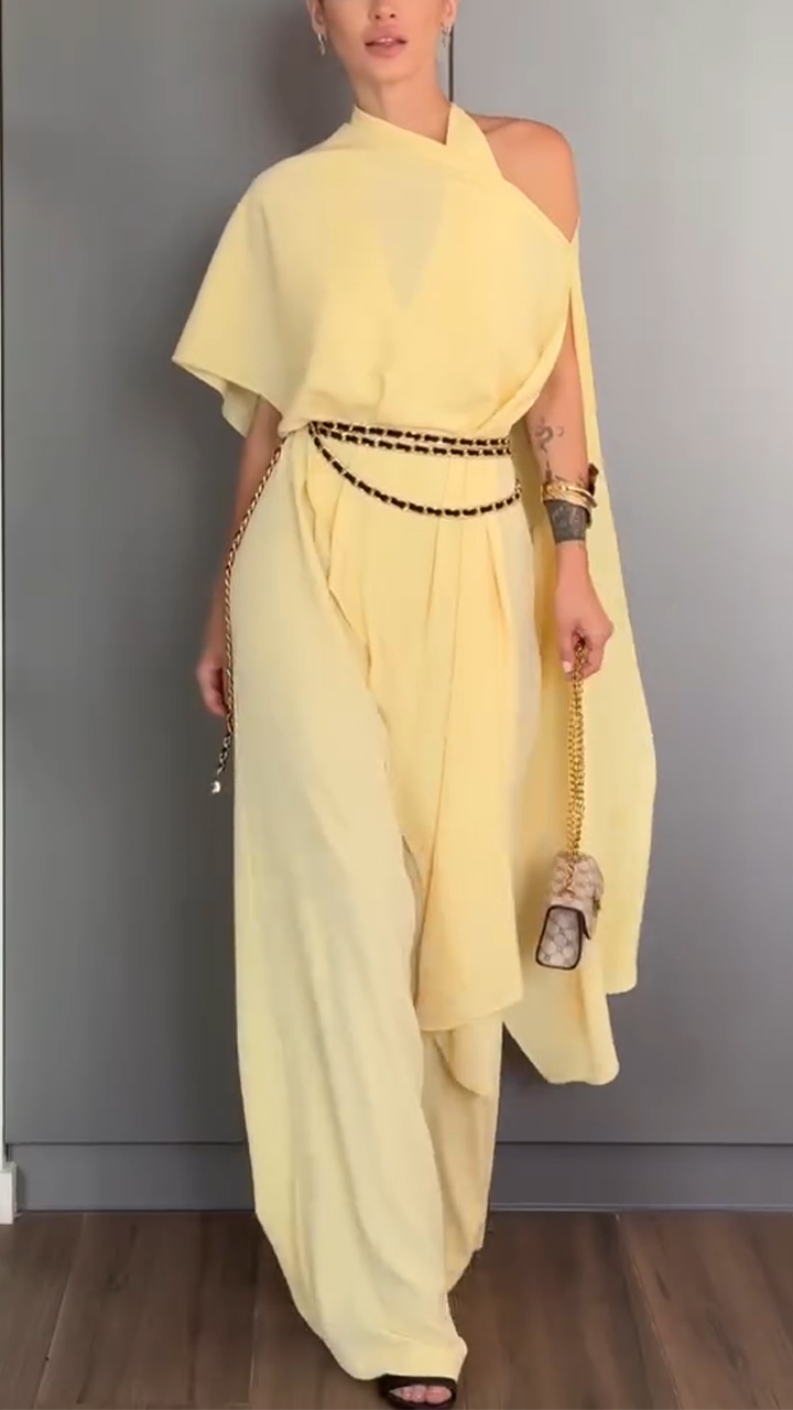 Ladies' Hanging Neck Solid Color Jumpsuit+ Shawl Casual Temperament Suit