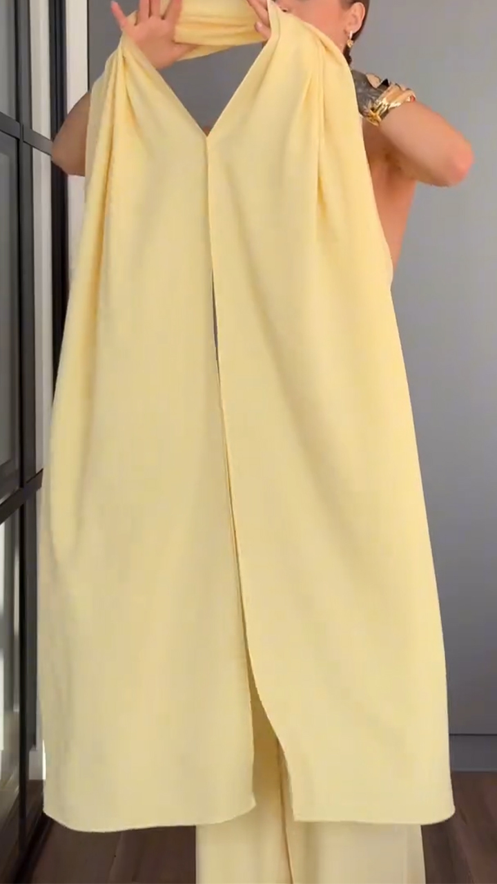 Ladies' Hanging Neck Solid Color Jumpsuit+ Shawl Casual Temperament Suit