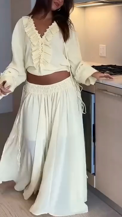 Ladies' V-neck Patchwork Drawstring Top+ Skirt Casual Set