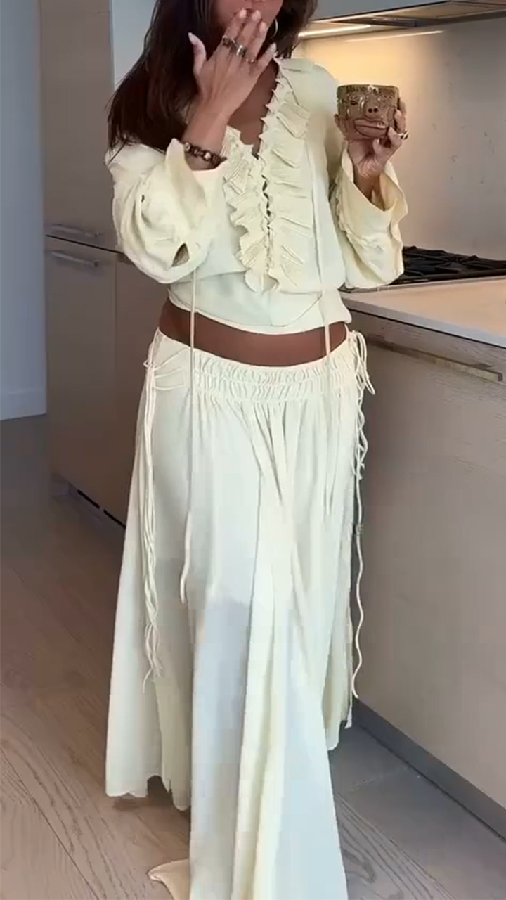 Ladies' V-neck Patchwork Drawstring Top+ Skirt Casual Set