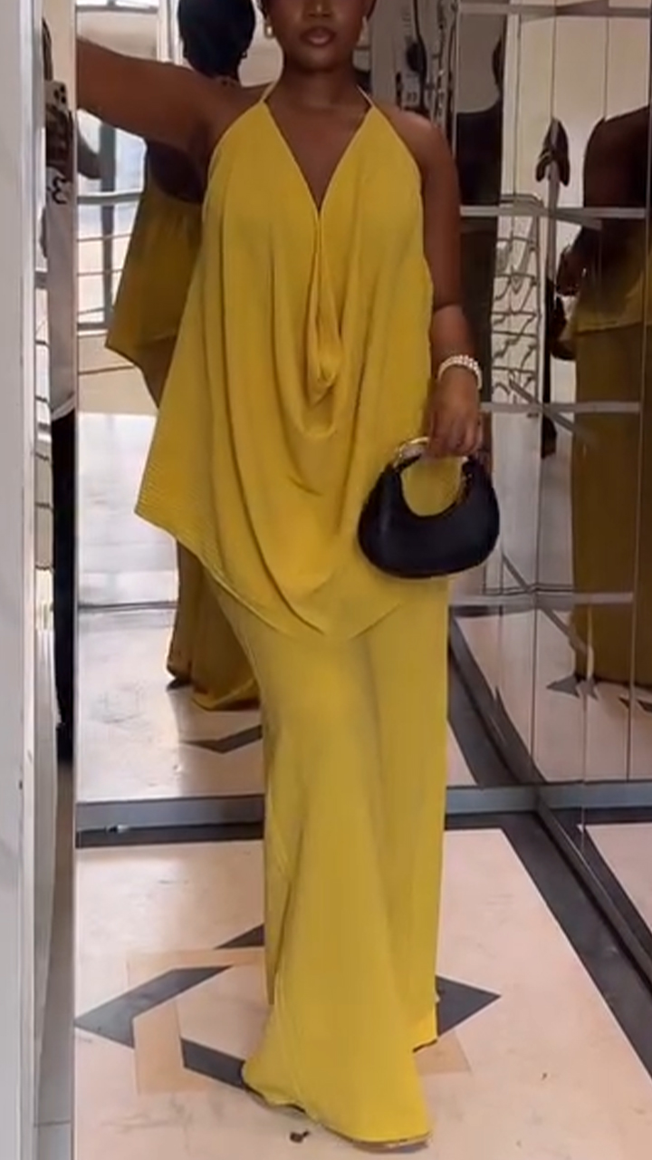 Women's V-neck Hanging Neck Hollow Top+ Pants Solid Color Temperament Casual Suit