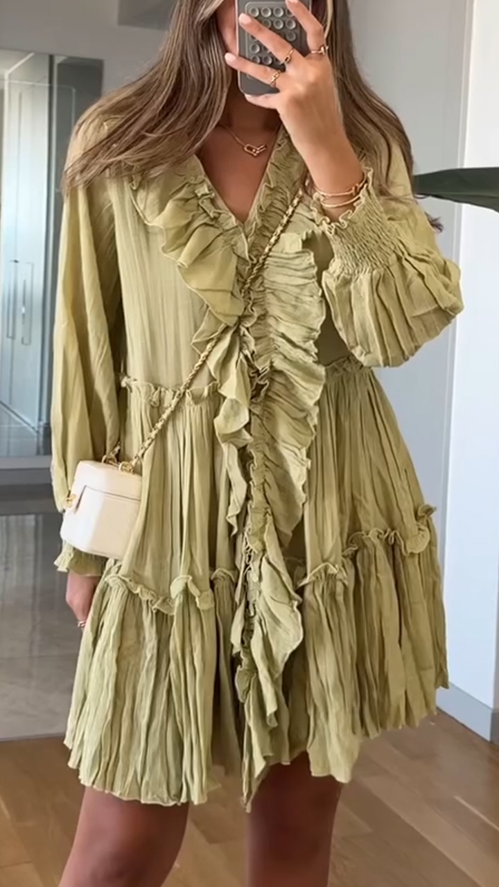 Women's V-neck Ruffled Patchwork Dress