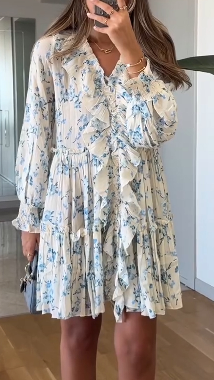 Women's V-neck Ruffled Patchwork Dress