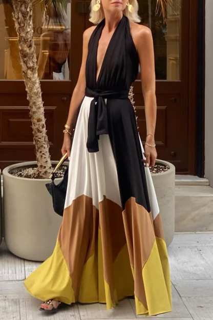 Women's Halter Neck Hollow Contrast Color Casual Dress