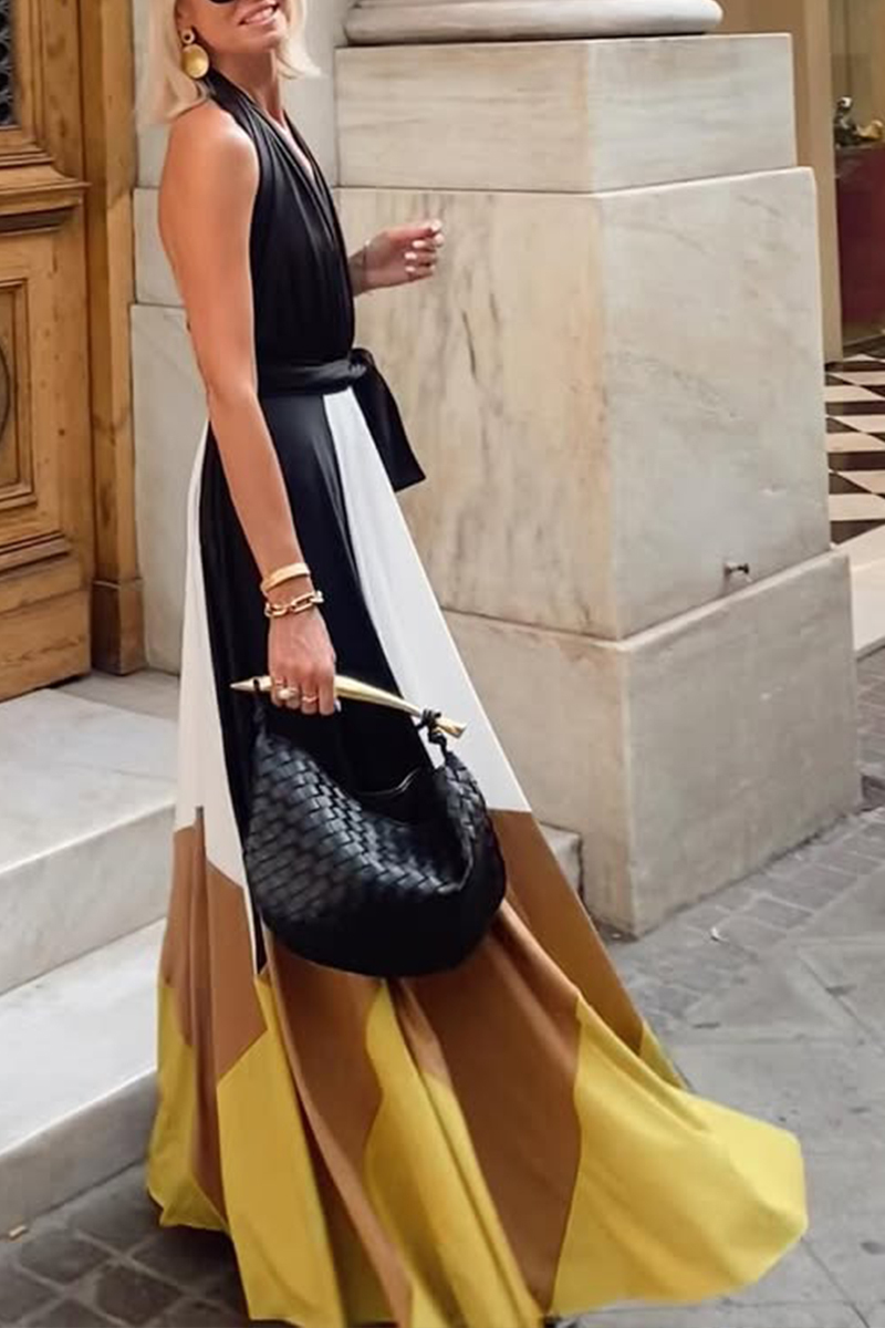 Women's Halter Neck Hollow Contrast Color Casual Dress