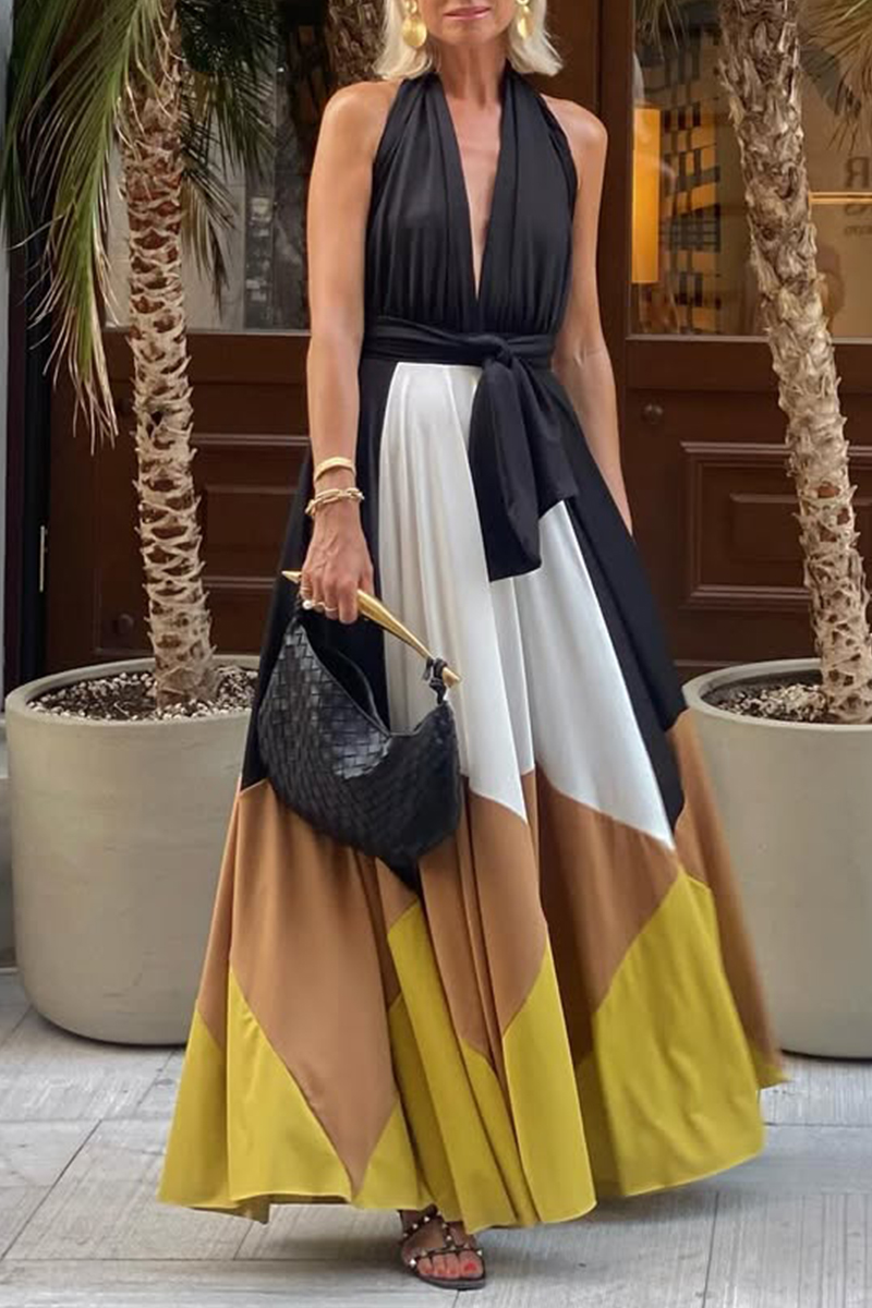 Women's Halter Neck Hollow Contrast Color Casual Dress