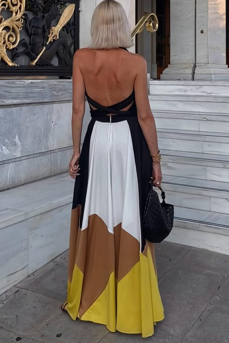 Women's Halter Neck Hollow Contrast Color Casual Dress