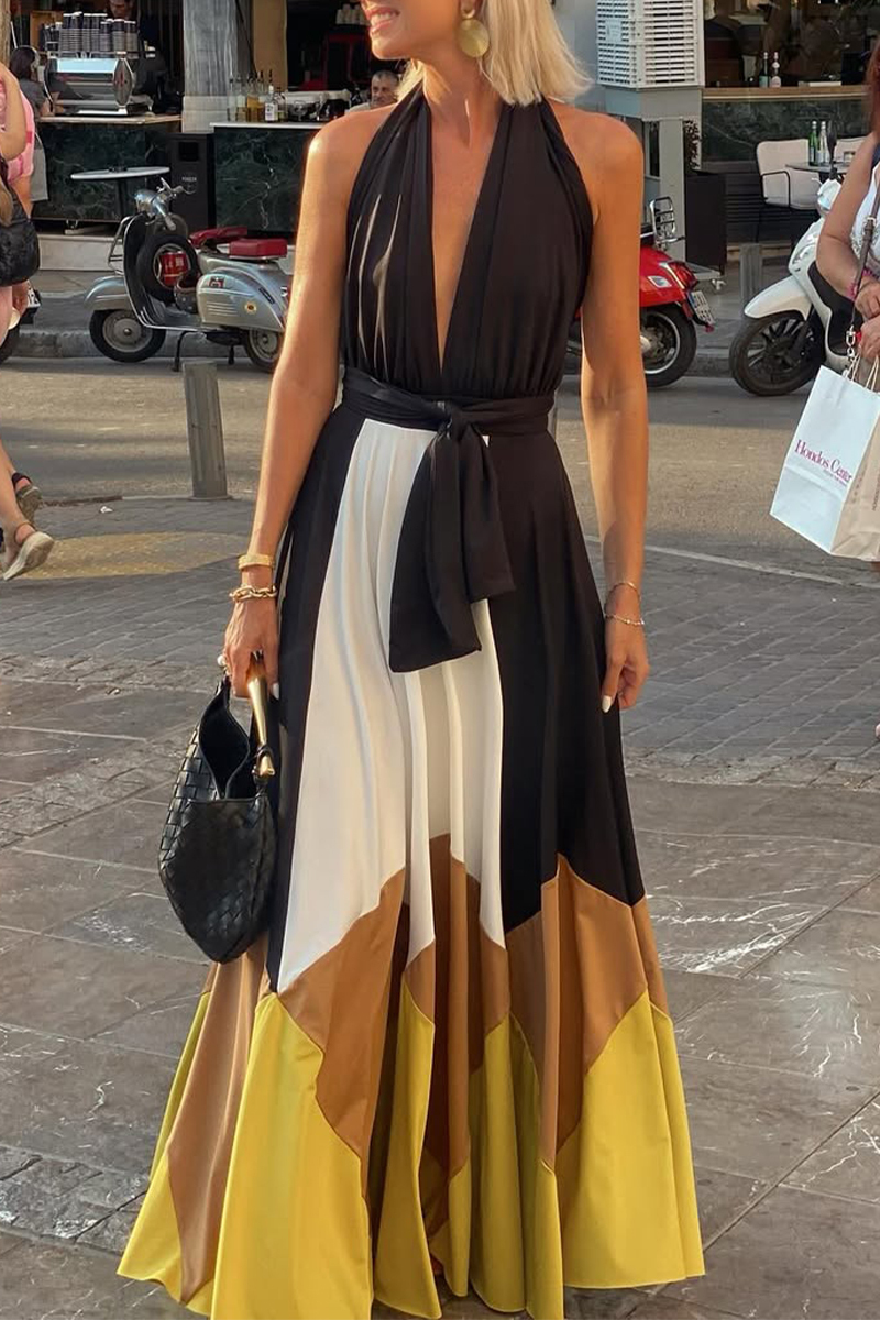 Women's Halter Neck Hollow Contrast Color Casual Dress