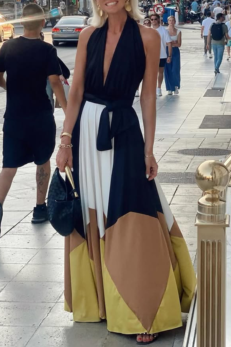 Women's Halter Neck Hollow Contrast Color Casual Dress