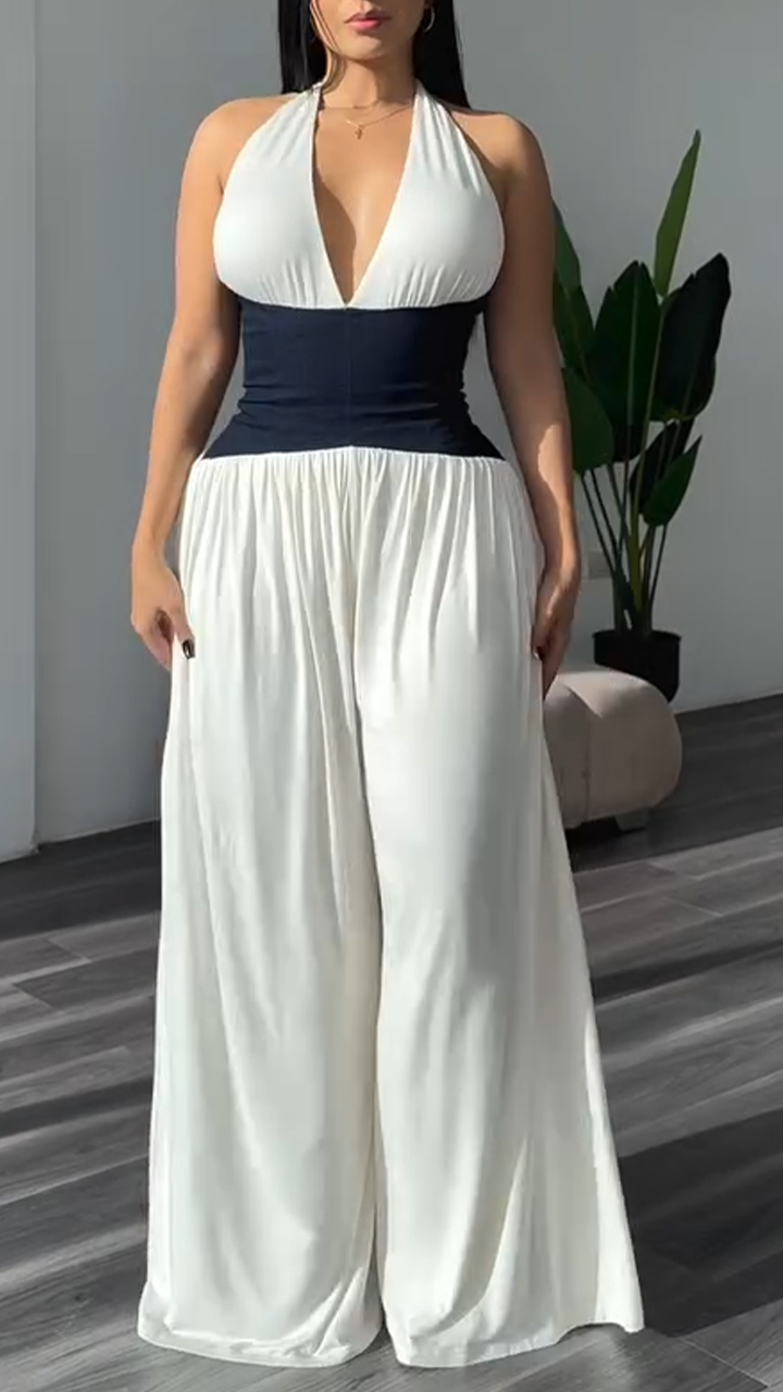 Women's V-neck Waist Stitching Casual Jumpsuit