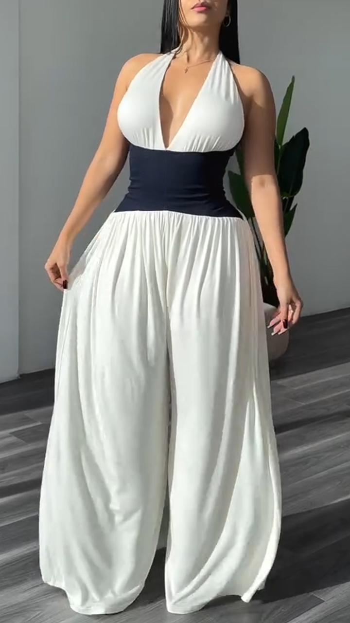 Women's V-neck Waist Stitching Casual Jumpsuit