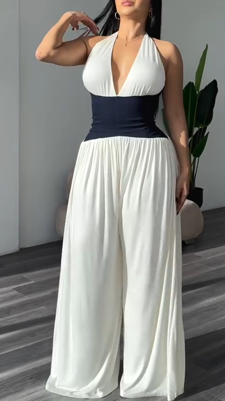 Women's V-neck Waist Stitching Casual Jumpsuit