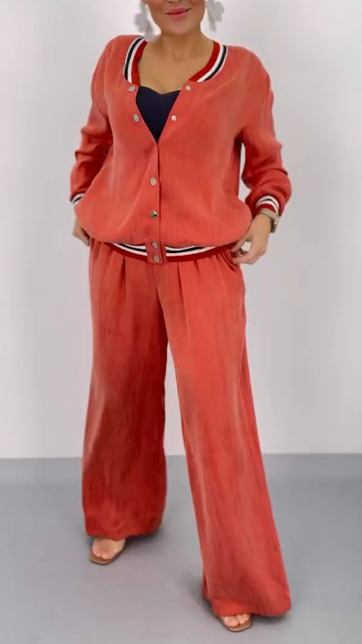 Ladies' Round Neck Patchwork Striped Breasted Top+ Pants Casual Set